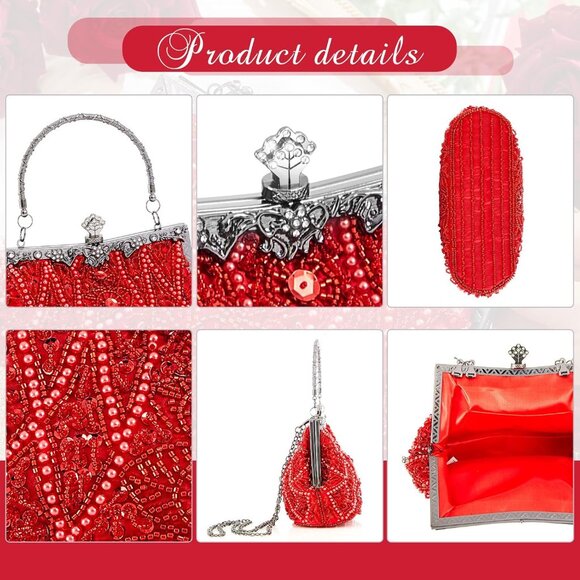 ⚡ Women's Red Rhinestones Vintage Beaded Satin Lining Evening Clutch Bag - Picture 4 of 7